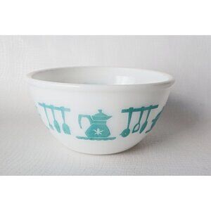 Vintage Hazel Atlas Turquoise Print Mixing Bowl Utensils Pattern